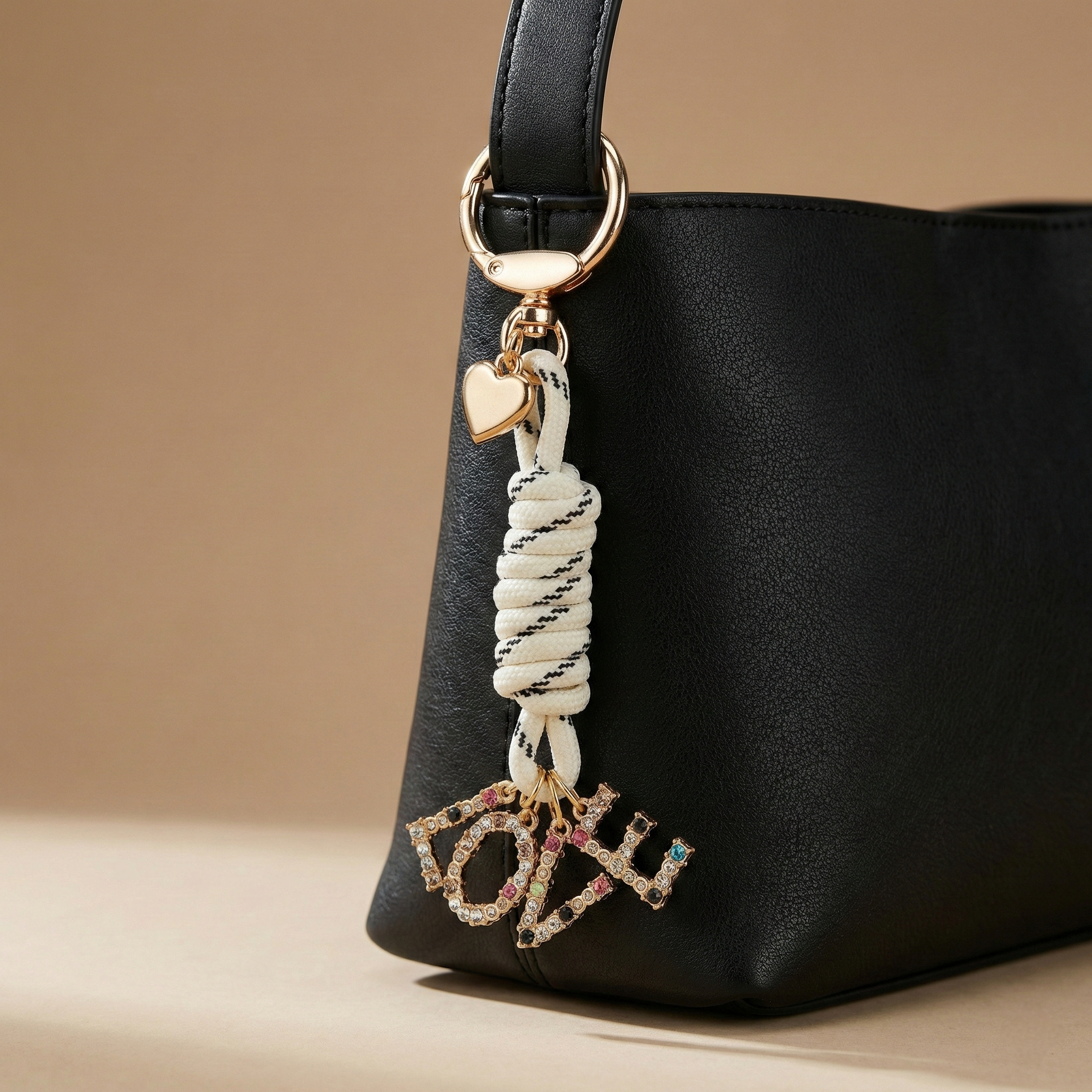 Boho Luxe "LOVE" Bag Charm - Crystal Letter Keychain with Braided Cord & Heart Detail