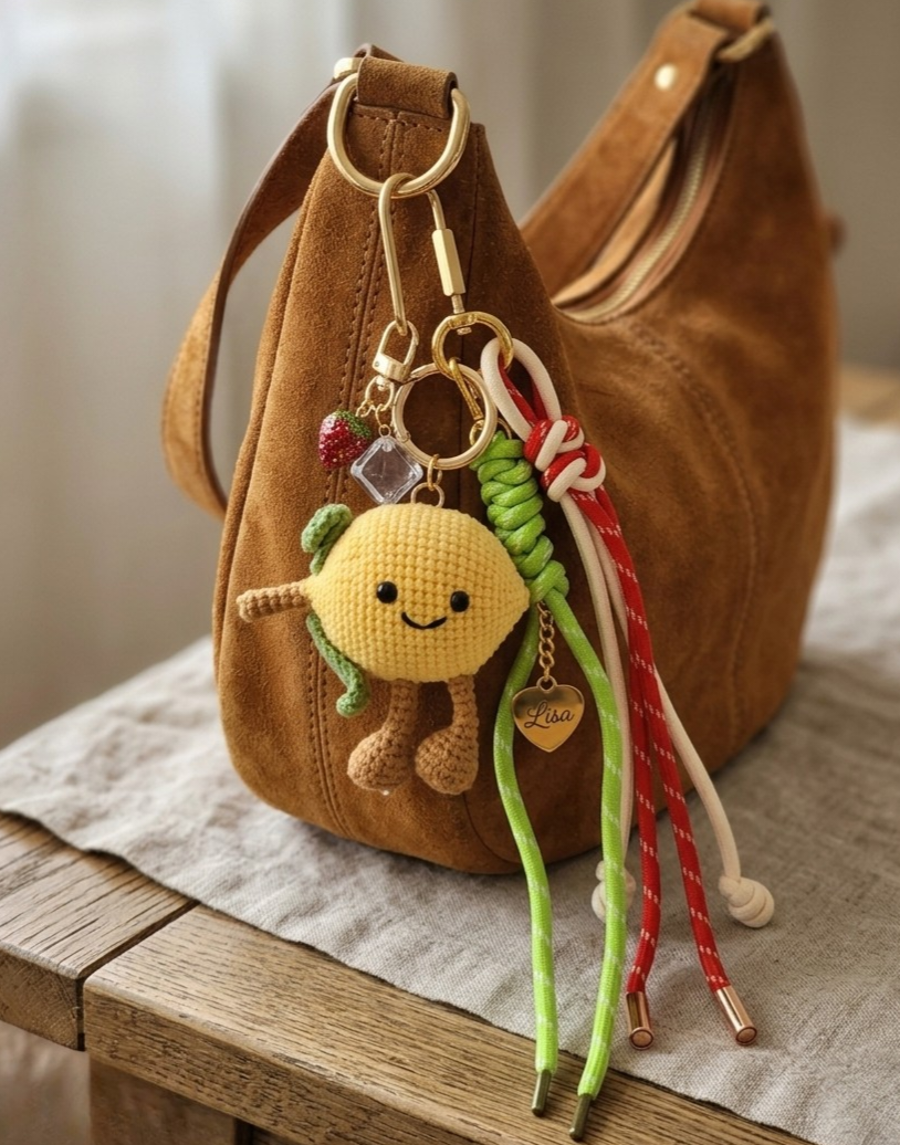 Personalized strawberry lemonade amigurumi and macrame bag charm with crochet lemon, strawberry accent, engraved gold heart