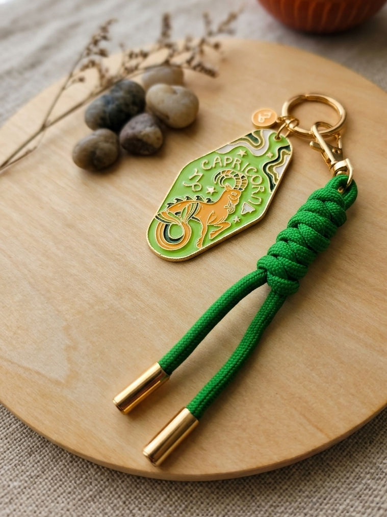 A green and gold keychain with a braided green cord and gold-tone hardware, displayed on a round wooden board with decorative stones and dried stems.
