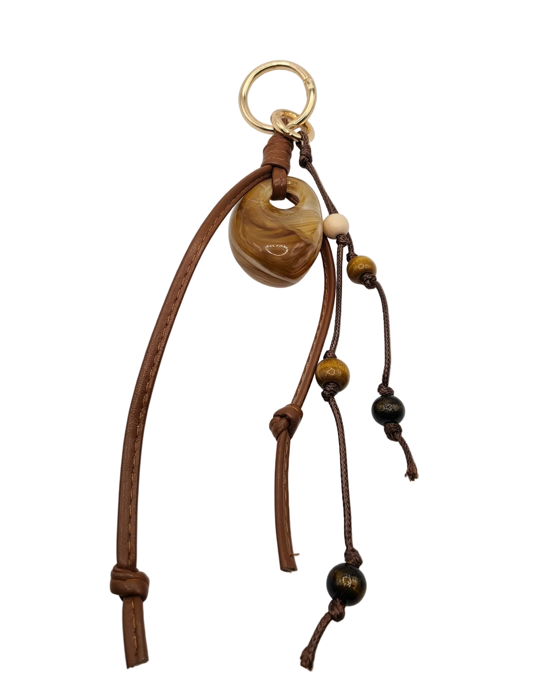 Artisanal Brown Leather Bag Charm with Marbled Bead and Tiger's Eye Accents