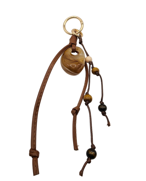 Artisanal Brown Leather Bag Charm with Marbled Bead and Tiger's Eye Accents
